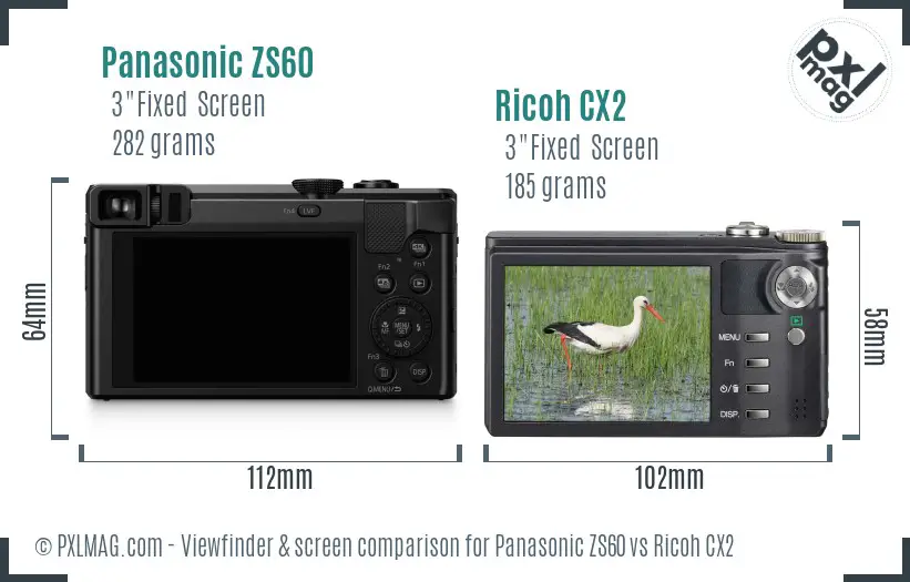 Panasonic ZS60 vs Ricoh CX2 Screen and Viewfinder comparison