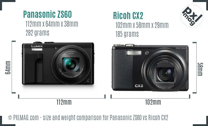 Panasonic ZS60 vs Ricoh CX2 size comparison