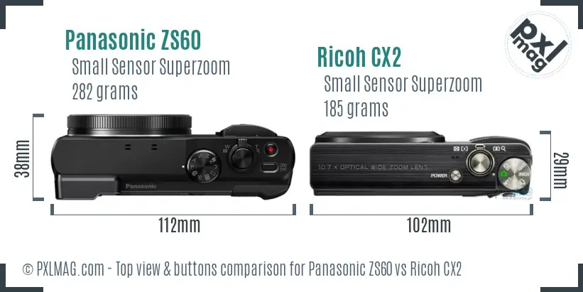 Panasonic ZS60 vs Ricoh CX2 top view buttons comparison