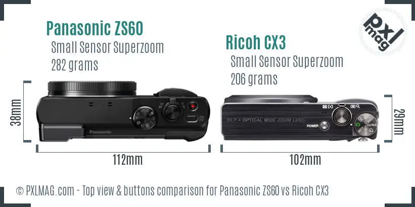 Panasonic ZS60 vs Ricoh CX3 top view buttons comparison