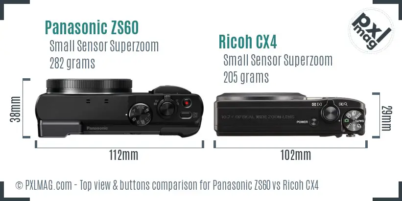 Panasonic ZS60 vs Ricoh CX4 top view buttons comparison