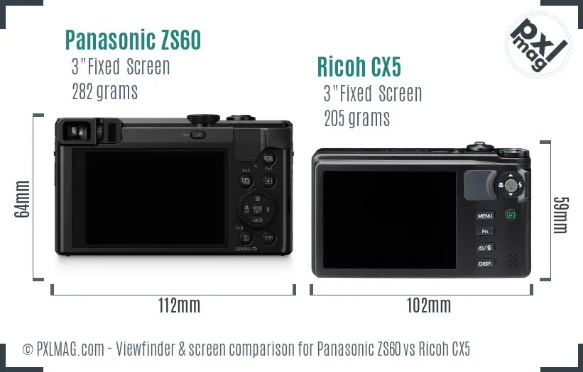 Panasonic ZS60 vs Ricoh CX5 Screen and Viewfinder comparison