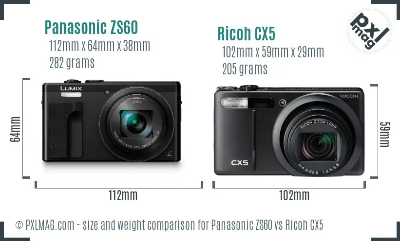 Panasonic ZS60 vs Ricoh CX5 size comparison