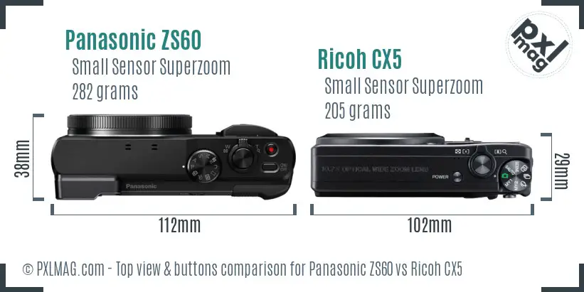 Panasonic ZS60 vs Ricoh CX5 top view buttons comparison