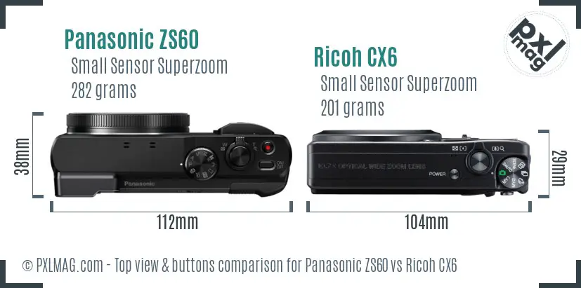 Panasonic ZS60 vs Ricoh CX6 top view buttons comparison