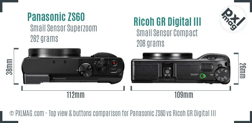 Panasonic ZS60 vs Ricoh GR Digital III top view buttons comparison