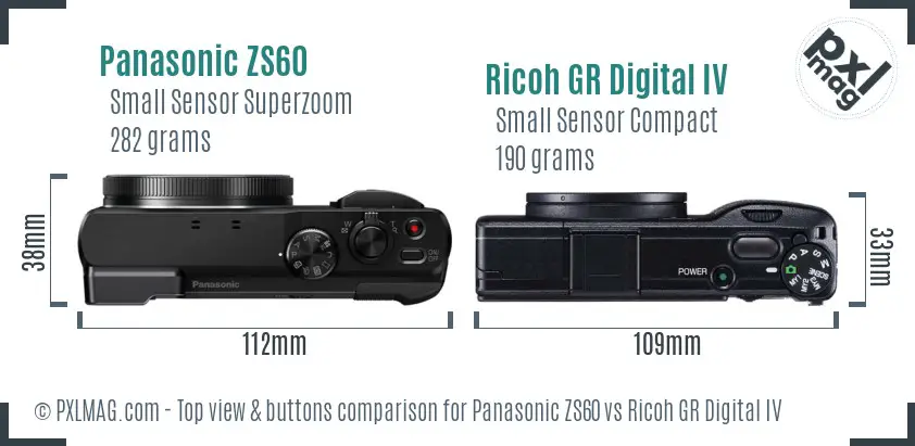 Panasonic ZS60 vs Ricoh GR Digital IV top view buttons comparison