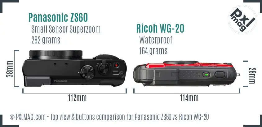 Panasonic ZS60 vs Ricoh WG-20 top view buttons comparison