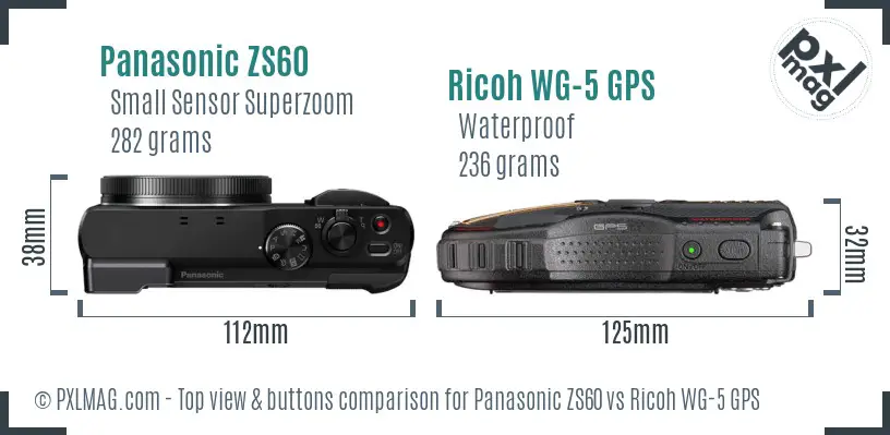 Panasonic ZS60 vs Ricoh WG-5 GPS top view buttons comparison