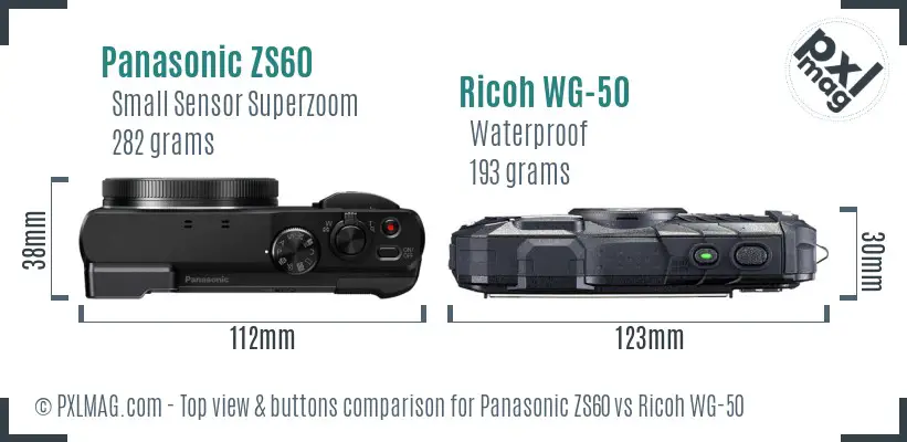 Panasonic ZS60 vs Ricoh WG-50 top view buttons comparison