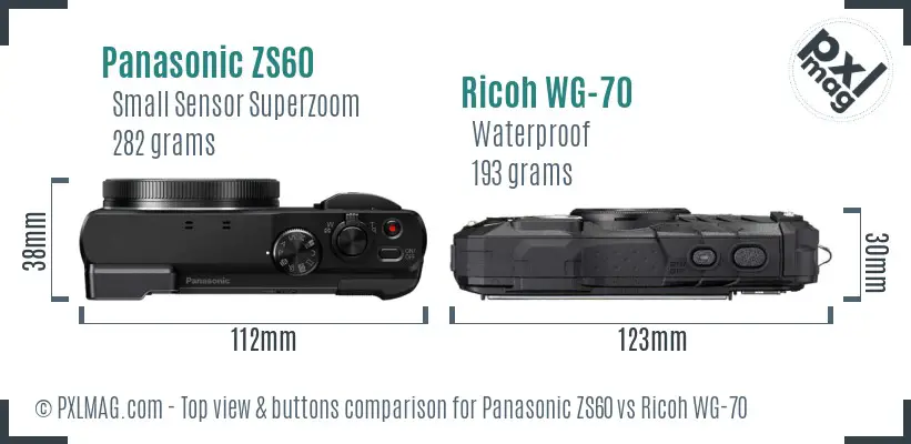 Panasonic ZS60 vs Ricoh WG-70 top view buttons comparison