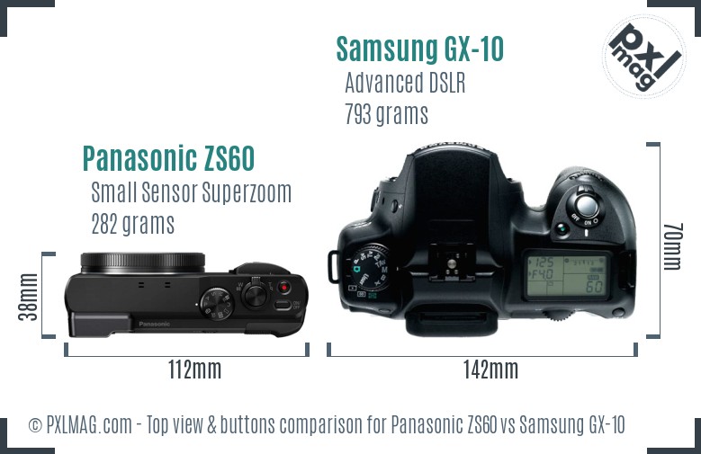 Panasonic ZS60 vs Samsung GX-10 top view buttons comparison