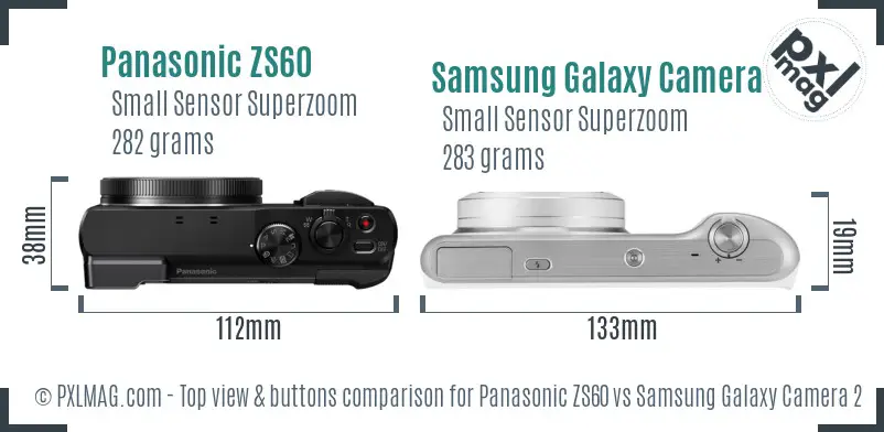 Panasonic ZS60 vs Samsung Galaxy Camera 2 top view buttons comparison