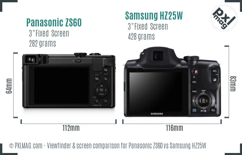 Panasonic ZS60 vs Samsung HZ25W Screen and Viewfinder comparison