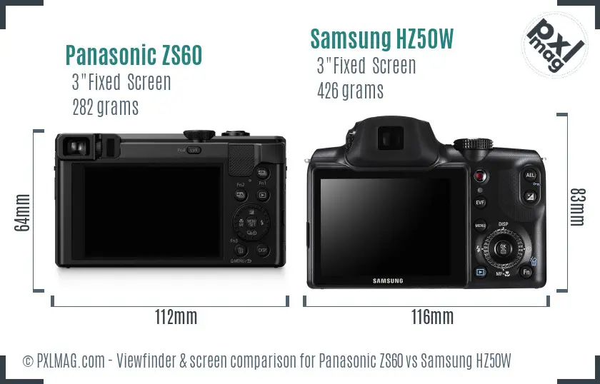 Panasonic ZS60 vs Samsung HZ50W Screen and Viewfinder comparison
