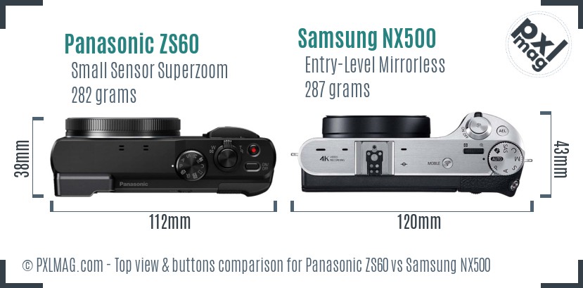 Panasonic ZS60 vs Samsung NX500 top view buttons comparison