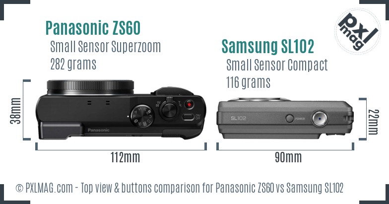 Panasonic ZS60 vs Samsung SL102 top view buttons comparison