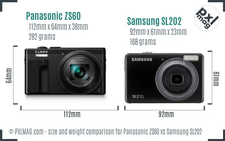 Panasonic ZS60 vs Samsung SL202 size comparison