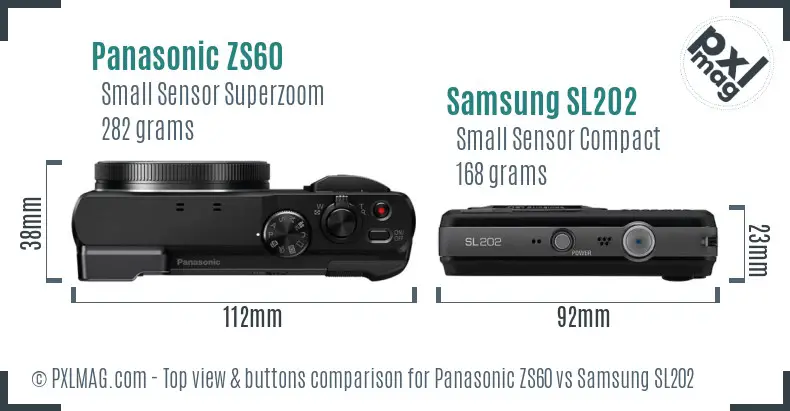Panasonic ZS60 vs Samsung SL202 top view buttons comparison