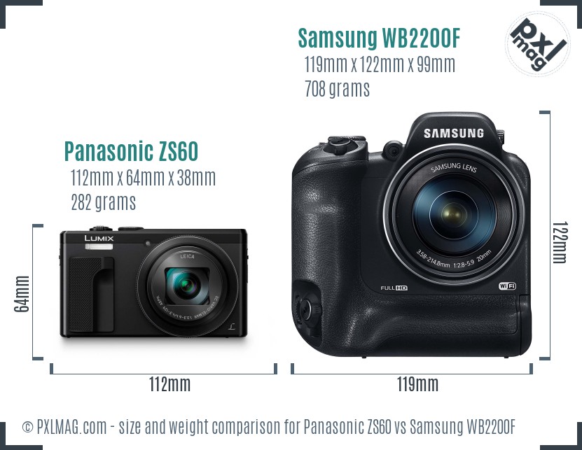 Panasonic ZS60 vs Samsung WB2200F size comparison
