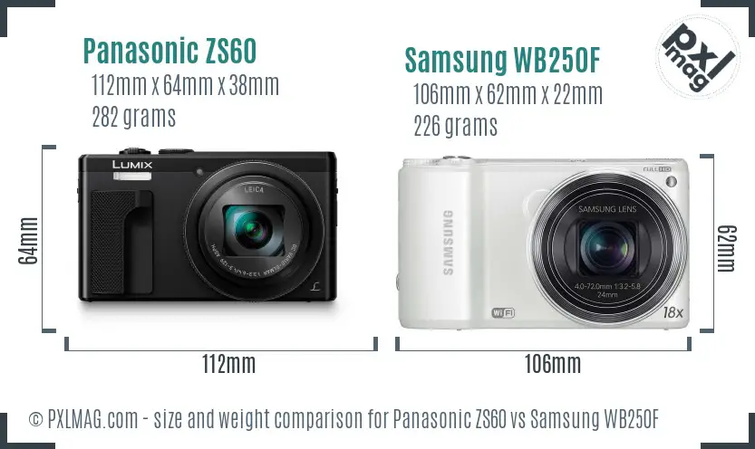 Panasonic ZS60 vs Samsung WB250F size comparison