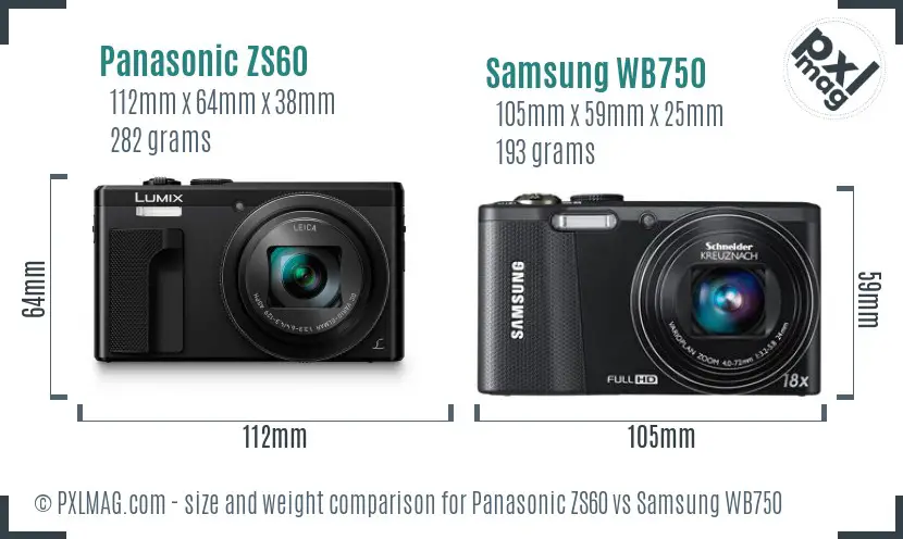Panasonic ZS60 vs Samsung WB750 size comparison