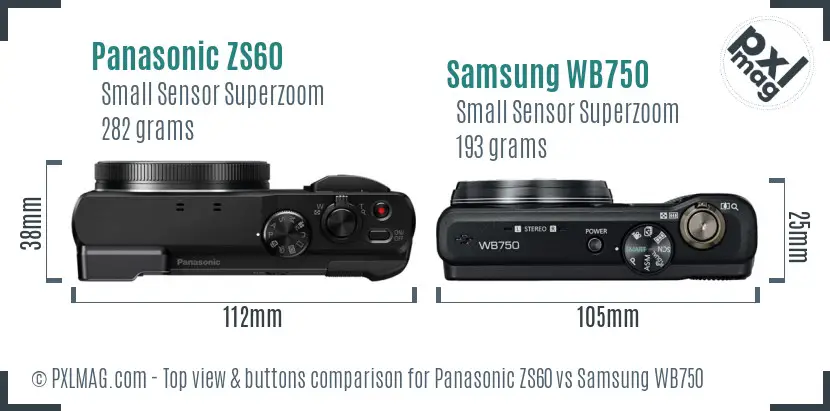 Panasonic ZS60 vs Samsung WB750 top view buttons comparison