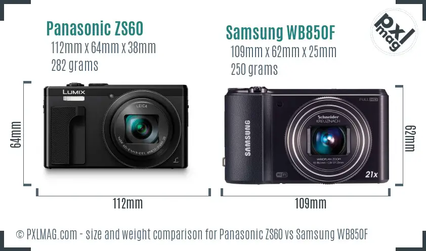 Panasonic ZS60 vs Samsung WB850F size comparison