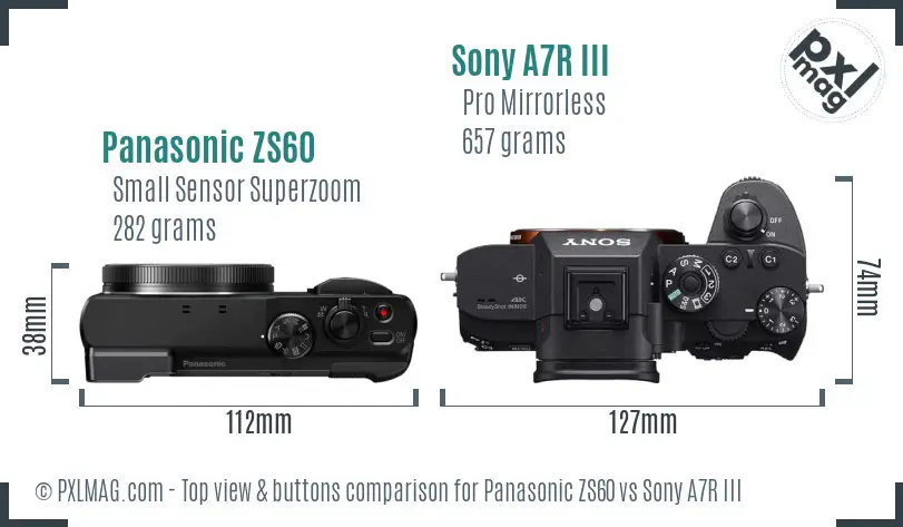 Panasonic ZS60 vs Sony A7R III top view buttons comparison