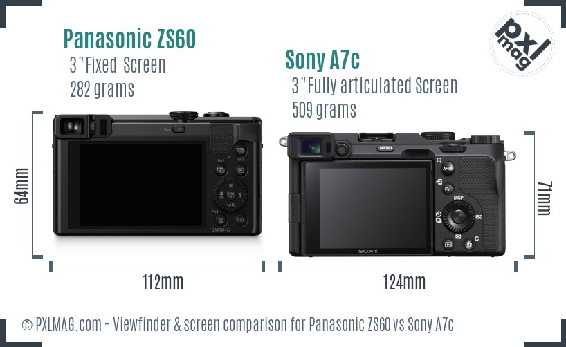 Panasonic ZS60 vs Sony A7c Screen and Viewfinder comparison