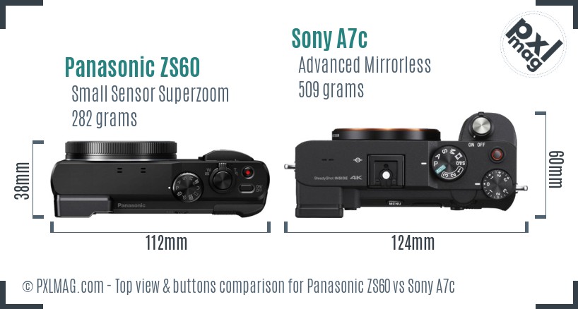 Panasonic ZS60 vs Sony A7c top view buttons comparison
