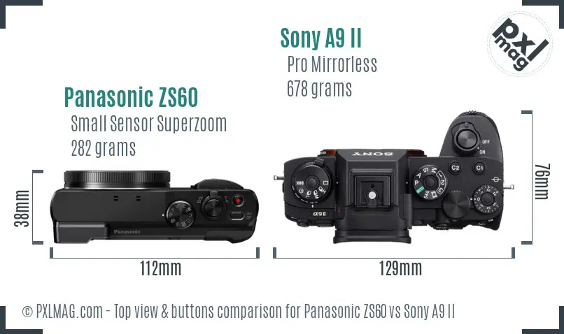 Panasonic ZS60 vs Sony A9 II top view buttons comparison