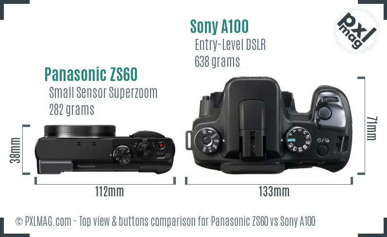 Panasonic ZS60 vs Sony A100 top view buttons comparison