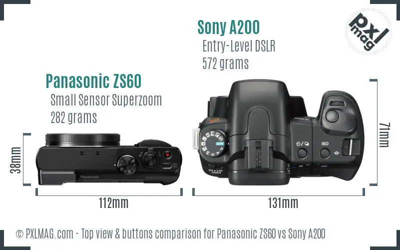 Panasonic ZS60 vs Sony A200 top view buttons comparison