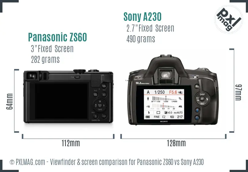 Panasonic ZS60 vs Sony A230 Screen and Viewfinder comparison
