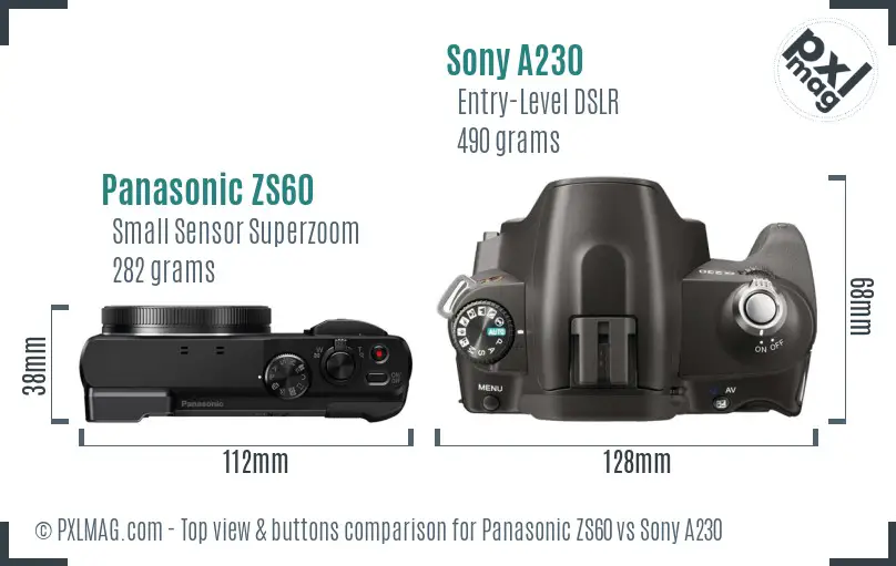 Panasonic ZS60 vs Sony A230 top view buttons comparison