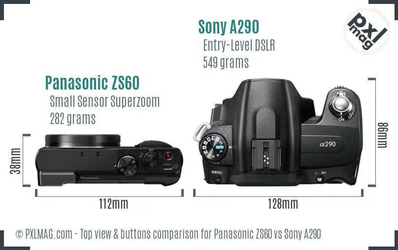 Panasonic ZS60 vs Sony A290 top view buttons comparison Panasonic ZS60 vs Sony A290 top view buttons comparison
