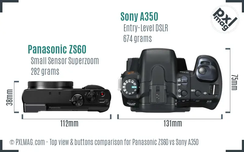 Panasonic ZS60 vs Sony A350 top view buttons comparison