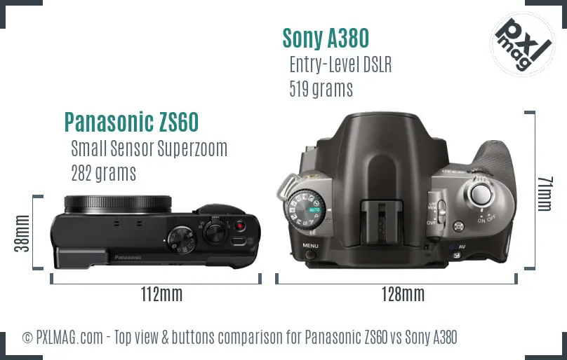 Panasonic ZS60 vs Sony A380 top view buttons comparison