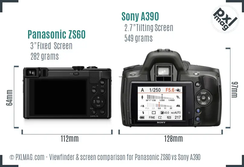 Panasonic ZS60 vs Sony A390 Screen and Viewfinder comparison
