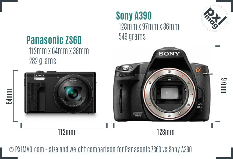 Panasonic ZS60 vs Sony A390 size comparison