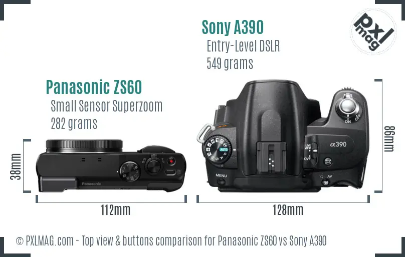 Panasonic ZS60 vs Sony A390 top view buttons comparison