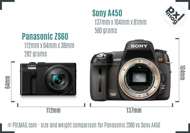 Panasonic ZS60 vs Sony A450 size comparison