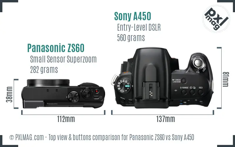 Panasonic ZS60 vs Sony A450 top view buttons comparison