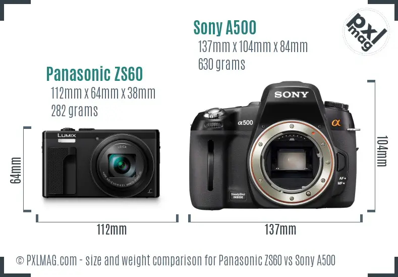 Panasonic ZS60 vs Sony A500 size comparison