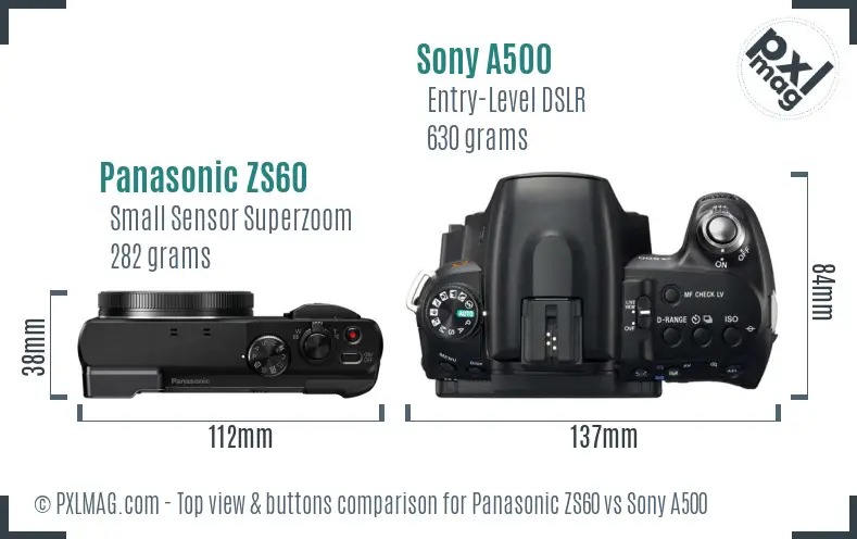 Panasonic ZS60 vs Sony A500 top view buttons comparison