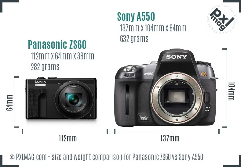 Panasonic ZS60 vs Sony A550 size comparison Panasonic ZS60 vs Sony A550 size comparison