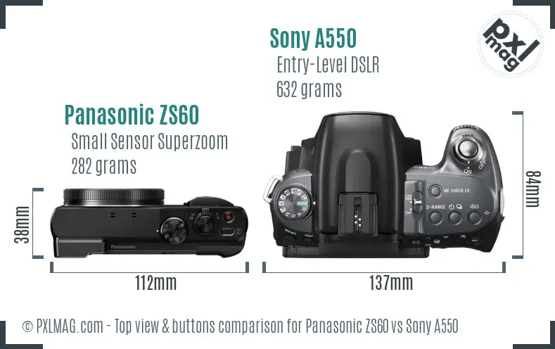 Panasonic ZS60 vs Sony A550 top view buttons comparison Panasonic ZS60 vs Sony A550 top view buttons comparison