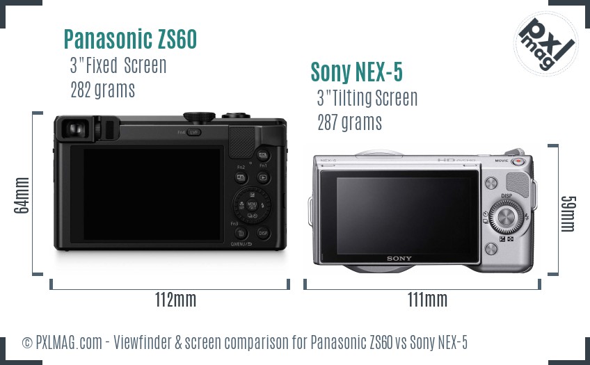 Panasonic ZS60 vs Sony NEX-5 Screen and Viewfinder comparison