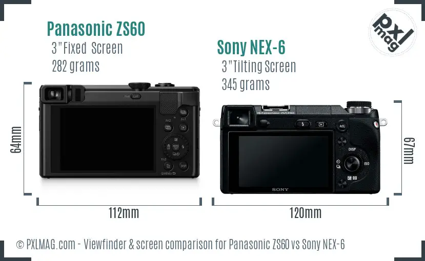 Panasonic ZS60 vs Sony NEX-6 Screen and Viewfinder comparison